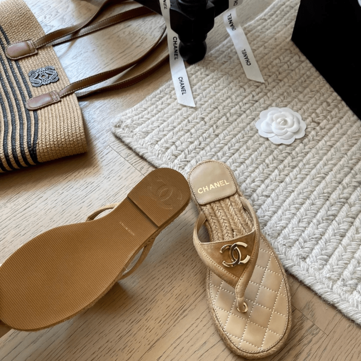 Chanel 25 Flip Flop Sandals Beige Suede Calfskin Espadrille