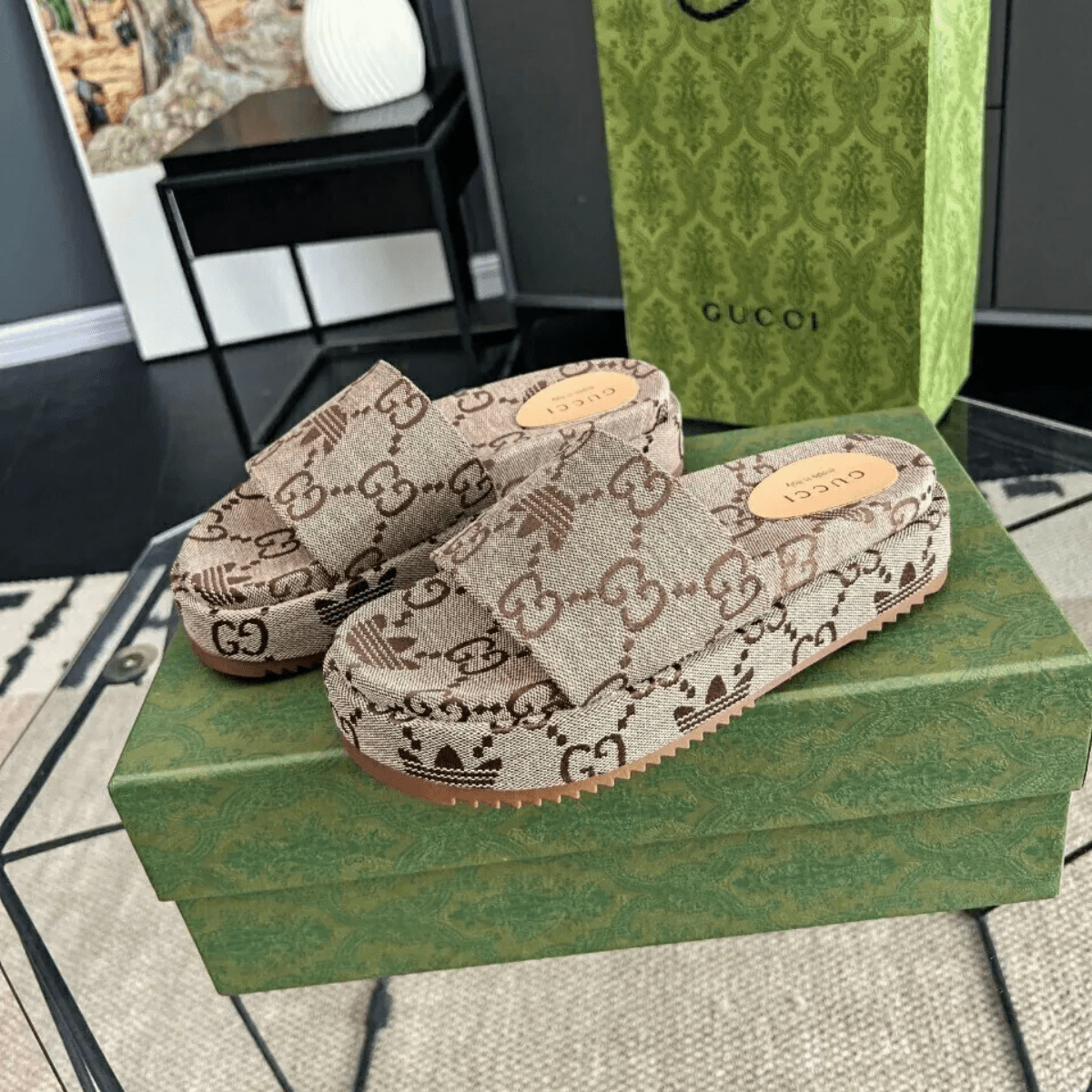 Gucci Angelina Flat Sandals Canvas Giant Monogram Beige