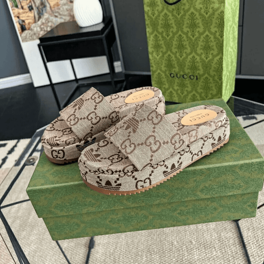 Gucci Angelina Flat Sandals Canvas Giant Monogram Beige