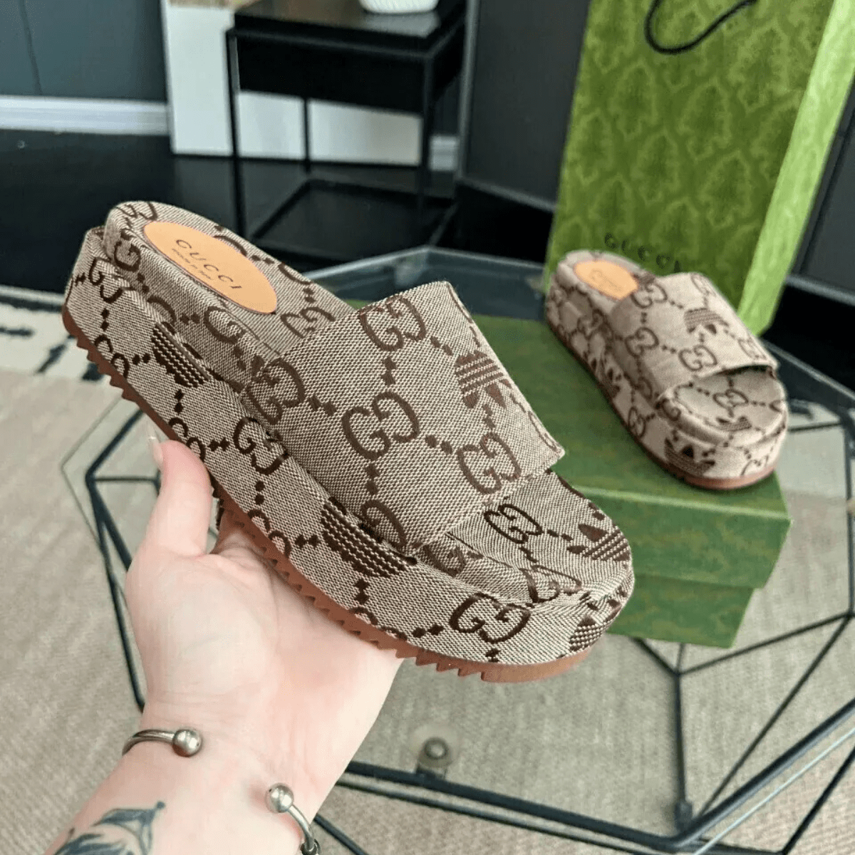 Gucci Angelina Flat Sandals Canvas Giant Monogram Beige