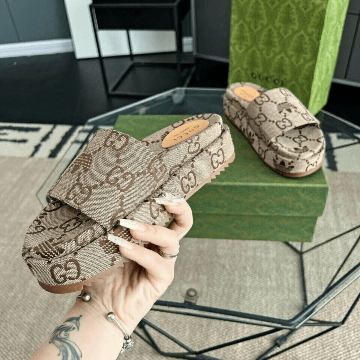 Gucci Angelina Flat Sandals Canvas Giant Monogram Beige