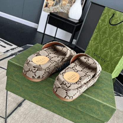 Gucci Angelina Flat Sandals Canvas Giant Monogram Beige