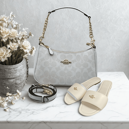 Coach – Set: Lockup Leather Slide Sandal & Teri Signature Canvas Bag