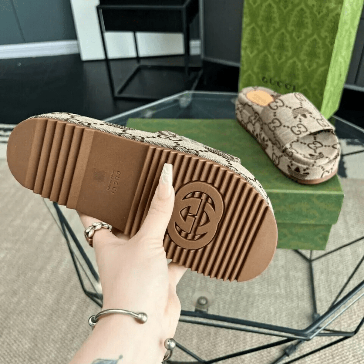 Gucci Angelina Flat Sandals Canvas Giant Monogram Beige