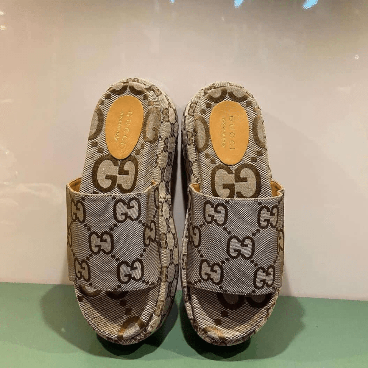 Gucci Angelina Flat Sandals Canvas Giant Monogram Beige