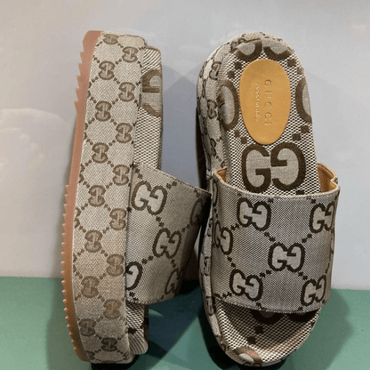 Gucci Angelina Flat Sandals Canvas Giant Monogram Beige