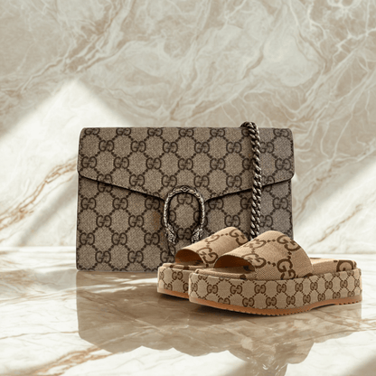 Gucci Dionysus Mini Tasche & Angelina Flache Sandalen Set – Beige Monogram