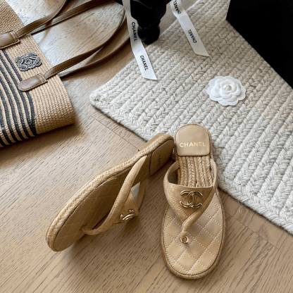 Chanel 25 Flip Flop Sandals Beige Suede Calfskin Espadrille