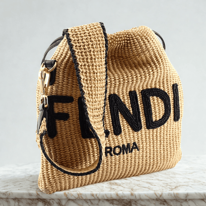 Fendi Sack Small Woven Straw Bag in Beige