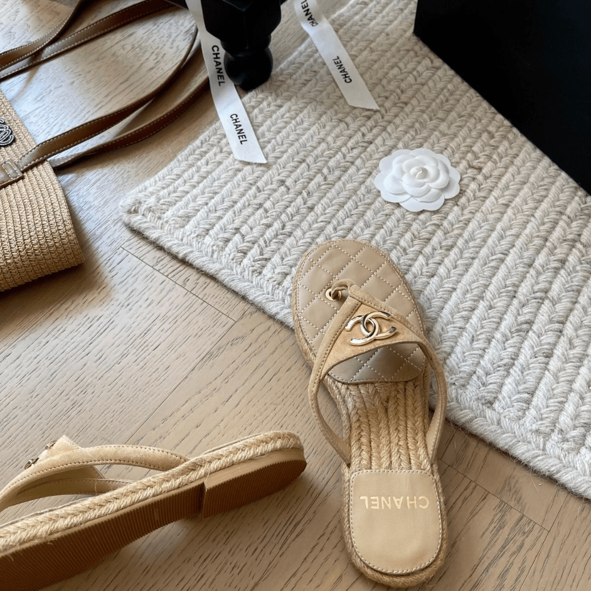 Chanel 25 Flip Flop Sandals Beige Suede Calfskin Espadrille