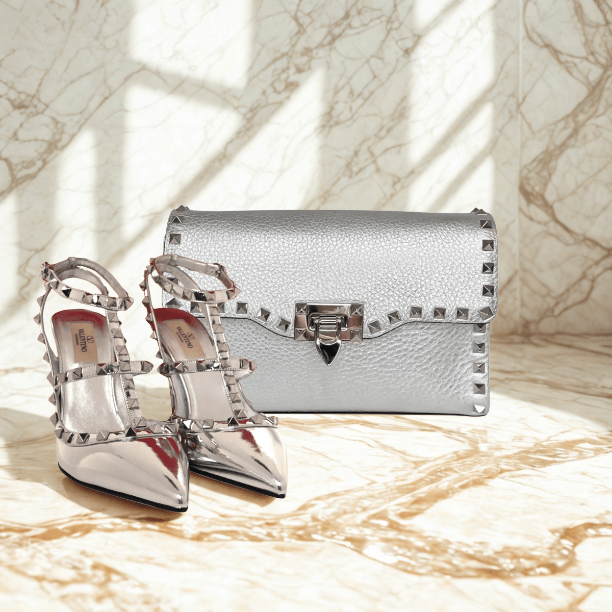 Valentino – Rockstud Silver Bag & Pumps Set