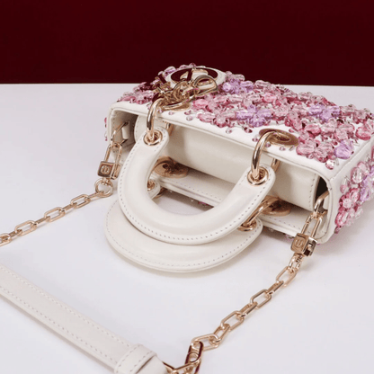 Dior Lady D-Joy Micro Bag in White Calfskin with Pink Floral Embroidery and Strass