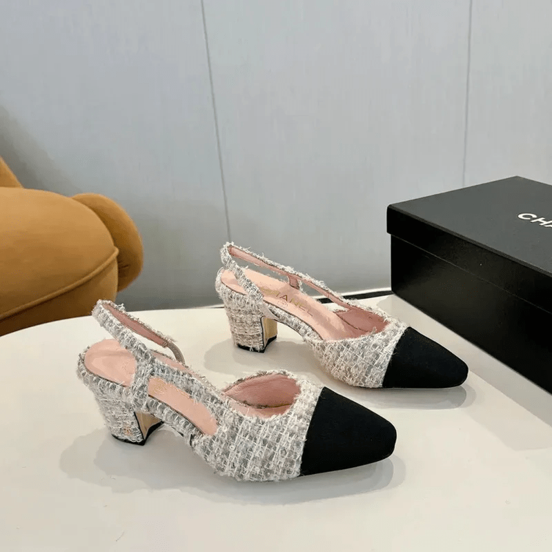 Chanel Slingback Tweed Pink/White With Black Cap