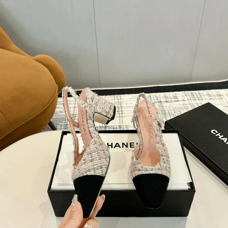 Chanel Slingback Tweed Pink/White With Black Cap