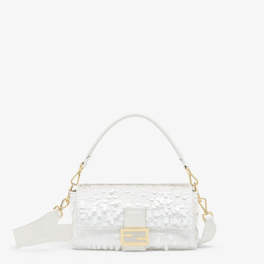 Fendi White Sequin and Leather Baguette Bag
