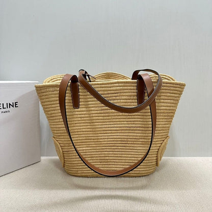Céline Classic Small Basket with Braided Triomphe in Raffia and Calfskin