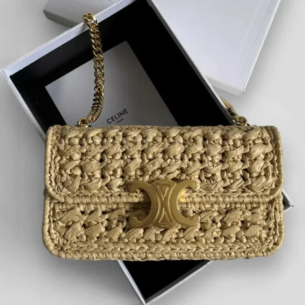 Céline – Claude Shoulder Bag With Raffia-Effect Chain