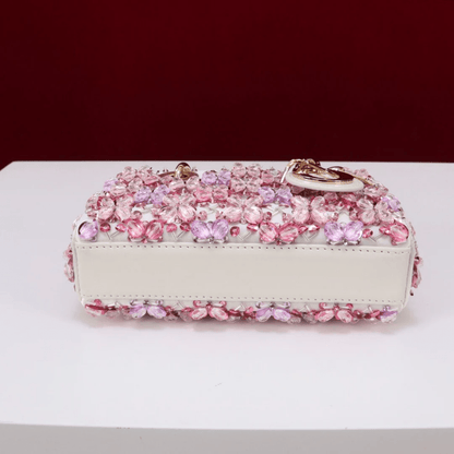 Dior Lady D-Joy Micro Bag in White Calfskin with Pink Floral Embroidery and Strass
